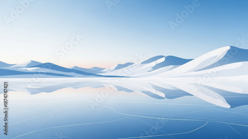 Serene icy landscape with snow covered mountains reflecting on frozen lake under clear blue sky with soft white clouds at sunrise with cold