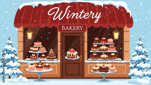 A charming winter bakery scene with snow covered cakes and pastries on display in a cozy shop with a red awning and festive lights with day