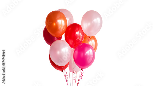A bunch of solid colour  balloons in red pink and orange against a transparent  background party