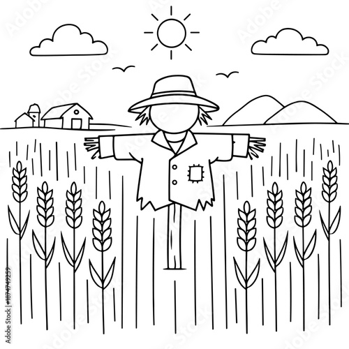 Scarecrow in Corn Field Farm Landscape Coloring Page