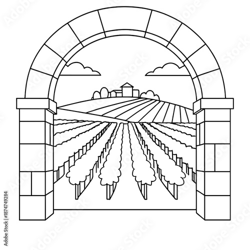 Vineyard Landscape Through Stone Arch Coloring Page Vector