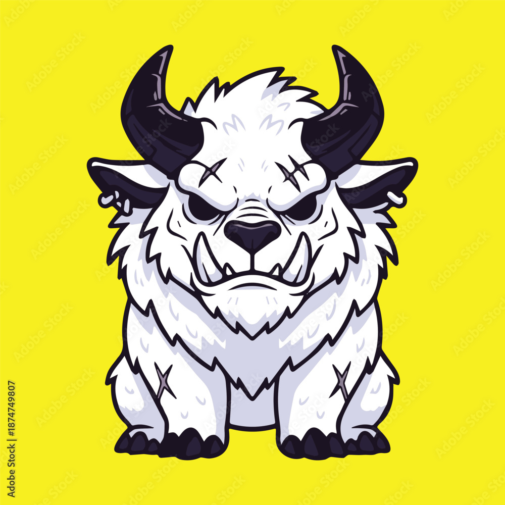Fototapeta premium Stylized grumpy white furry horned beast illustration on a bright yellow background, a fierce fantasy creature character design for digital media and playful projects