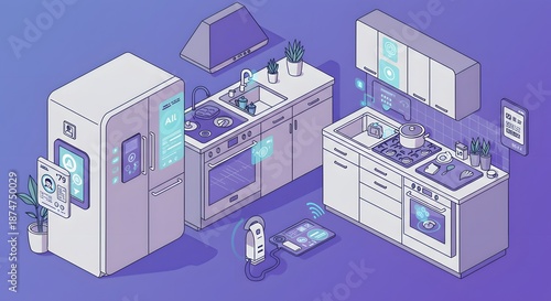 Isometric kitchen scene with smart appliances and digital interfaces