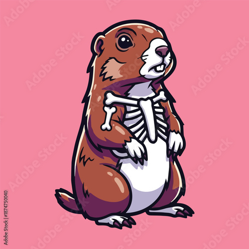 Cartoon groundhog proudly displays its skeletal rib cage and bone in a humorous, anatomical style illustration, ideal for whimsical animal-themed designs