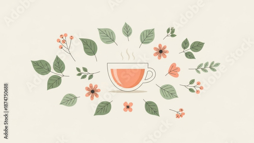 A steaming cup of tea surrounded by a wreath of green leaves and vibrant orange flowers on a soft cream background for a cozy with beverage