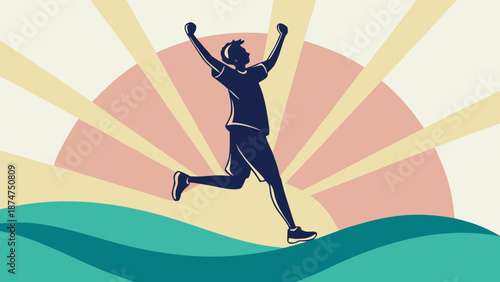 Silhouette of a person jumping for joy after a victory, a sporting achievement.