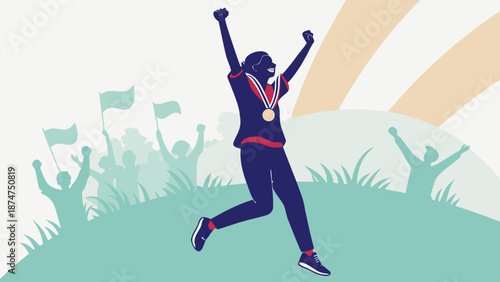 Silhouette of a person jumping for joy after a victory, a sporting achievement.