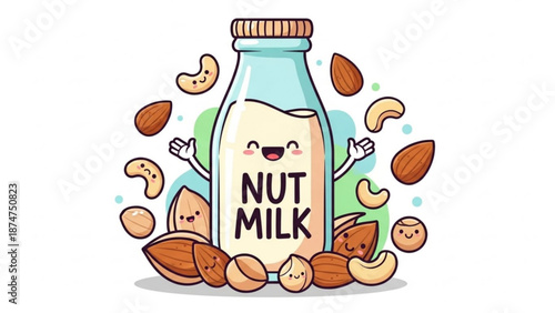 A cheerful cartoon bottle of nut milk surrounded by smiling nuts and seeds in a playful illustration with healthy and vegan with vegetarian