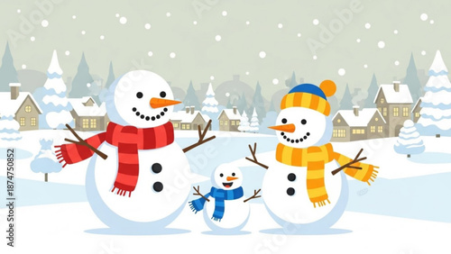 Three snowmen wearing colorful scarves and hats standing together in a snowy village landscape with houses and trees with snowman with cold