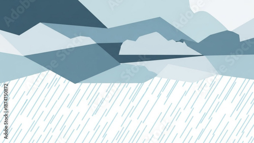 Geometric mountain range landscape with rain falling on white background in shades of blue with illustration and stylized with abstract