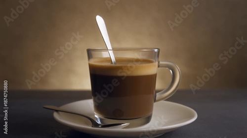 A cup of coffee on a saucer with a spoon, viewed from the side on a table.