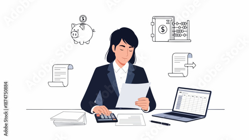 Illustration of a businesswoman working at a desk with a laptop, calculator, and papers, surrounded by finance and banking icons in a flat, monochromatic style.