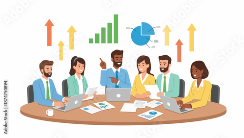 Diverse team of business professionals collaborating with laptops and analyzing data with graphs and charts in a meeting.