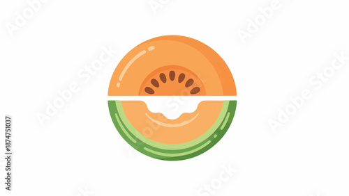 Flat lay illustration of a cut cantaloupe on a white background with green rind and orange flesh.