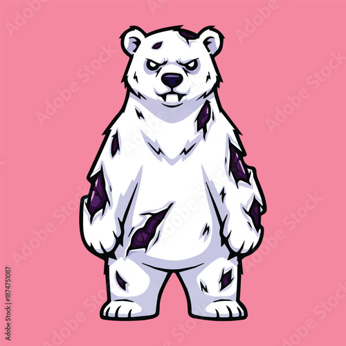 Chilling White Zombie Bear Cartoon Illustration with Tattered Fur and Menacing Eyes on Pink Background