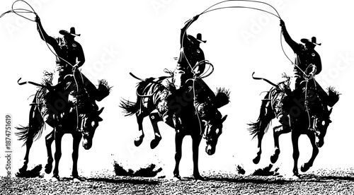 A cowboy rides a bucking bronco in a rodeo performance