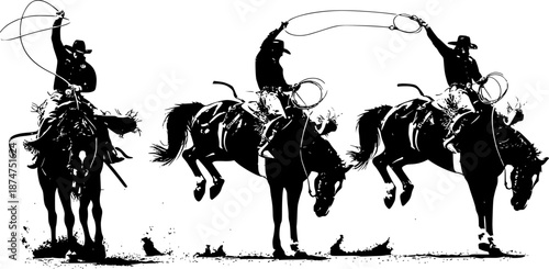 A cowboy rides a bucking bronco in a rodeo performance