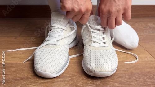Close up of a woman putting on white sneakers and tying shoelaces indoors. Preparing for fitness, workout, jogging, training, or casual activity on wooden floor