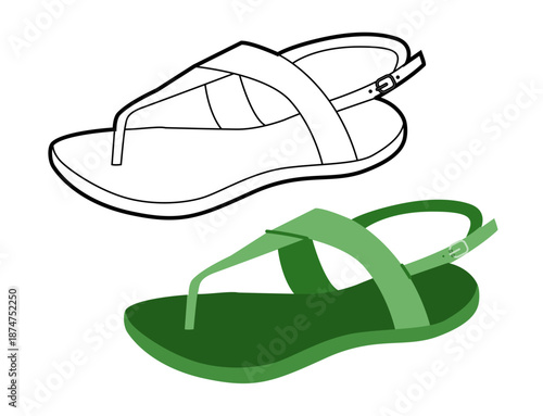Green thong sandal shoe women flat plus line set. Ankle strap flip flop sandal for travel blog beach project. Technical fashion illustration CAD mockup mixed vector man unisex isolated stylish style.