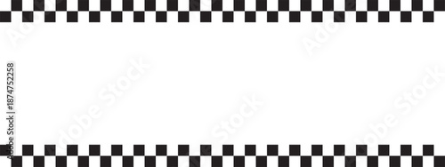 Top and bottom borders with rally flag or chessboard print. Chess game or sport car competition background with empty space in center. Black and white checkered pattern. Vector graphic illustration