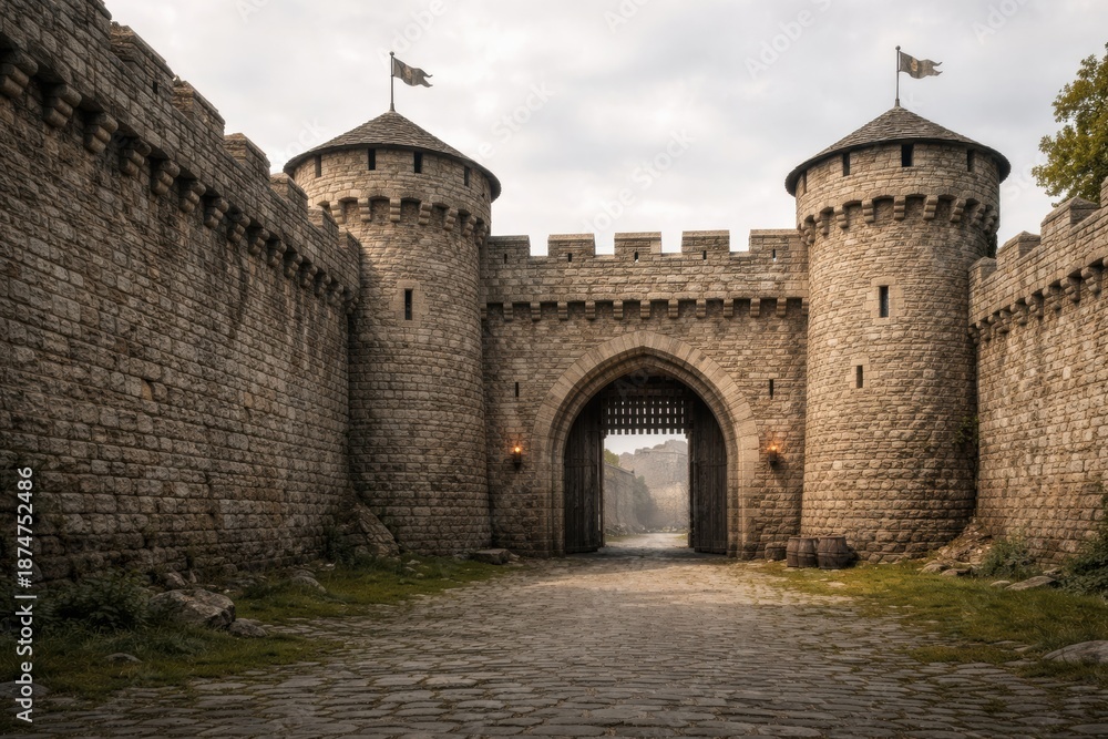 Obraz premium Stone walls surround a castle entrance featuring two towers and a wooden gate, with cloudy skies and a visible pathway leading to the structure.