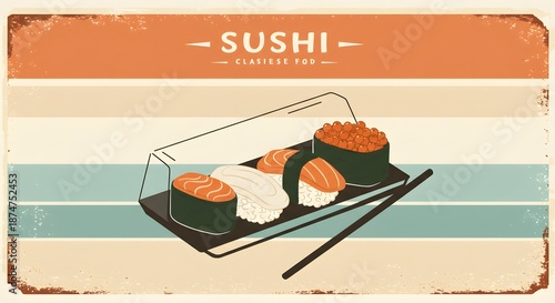 Sushi poster Features various sushi types chopsticks and orange tan and blue stripes all in a retro style