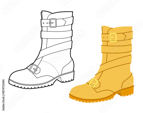 Yellow biker strap boot women color plus line set. Triple buckle block heel boot for lookbook spread and branding project. Technical fashion illustration CAD mockup mixed vector man unisex isolated
