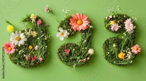 Floral numbers, spring theme, design element, background,  green backdrop, artistic display, use in invitations, decoration