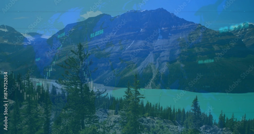 Fototapeta premium Displaying alpine peaks and turquoise glacial lake at trail overlook, with financial overlay