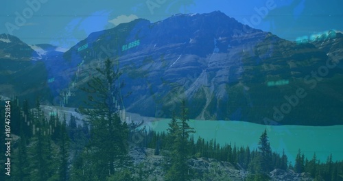 Displaying alpine peaks and turquoise glacial lake at trail overlook, with financial overlay © vectorfusionart
