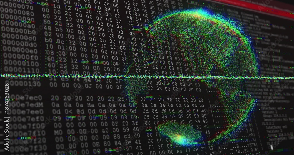 Fototapeta premium Rendering RGB point-cloud globe on desktop monitor, showing hex dump and terminal panes, copy space