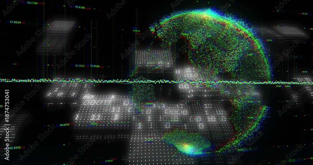 Obraz premium Pulsing point-cloud globe glowing right over dot-matrix plane, showing binary digits, copy space