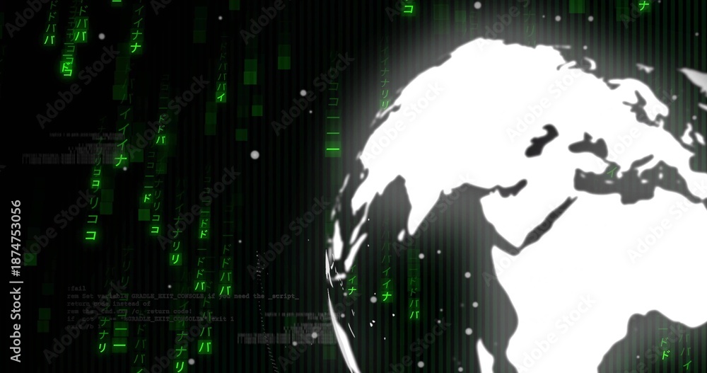 Fototapeta premium Streaming neon code cascading left, stylized globe glowing with rim on right, copy space