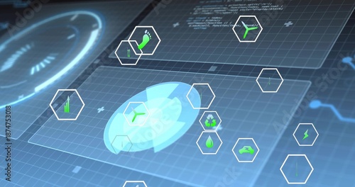 Displaying central circular holographic radar on virtual control dashboard, with green hex icons