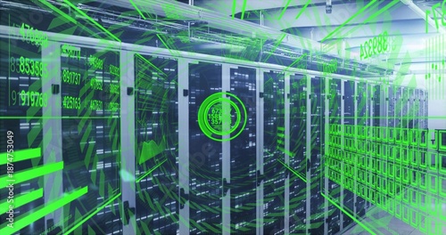 Showing central server racks with glass doors, LED lights in data center aisle, displaying neon HUD