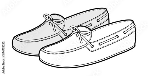 Boat loafer shoe women sketch pair. Lace detail casual deck footwear for weekend travel coastal outfit. Technical fashion illustration CAD mockup detailed vector man unisex isolated classic style.