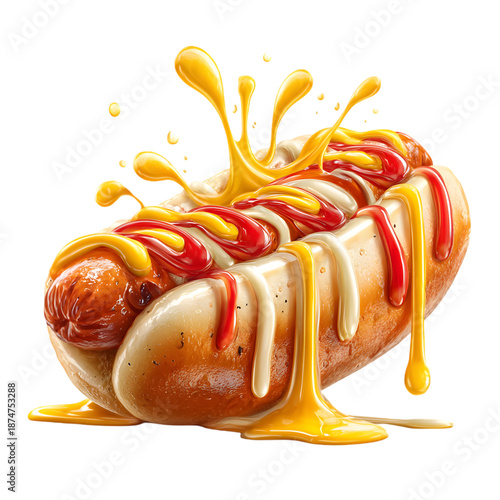 Delicious hot dog with ketchup and mustard splatter isolated on transparent background