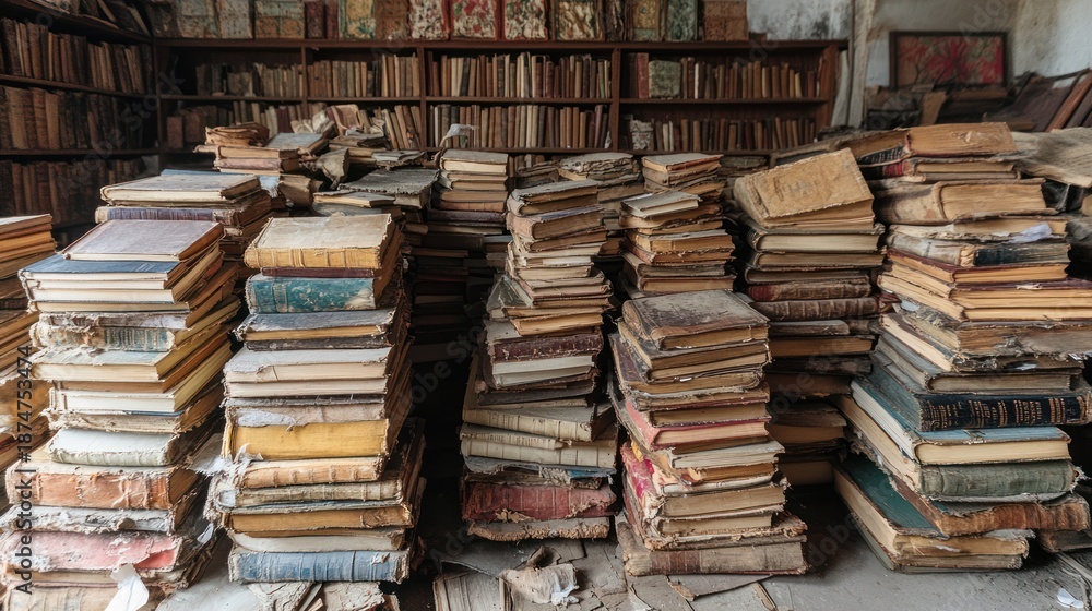 Fototapeta premium Aged books stacked in a dusty library