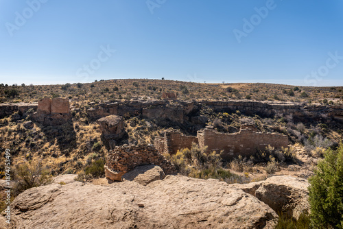 Hovenweep National Monument in Utah. Square Tower ancestral Puebloan village of dwellings along the Little Ruin Canyon. Unit Type House, Twin Towers, Eroded Boulder House, and Rim Rock House. 