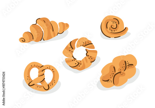 A collection of five types of baked goods on a white background. Freshly baked goods for a bakery menu or breakfast concept. Flat style.