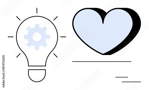 Creativity, innovation, compassion, technology, problem-solving, care. Minimalistic lightbulb with gear and heart side by side. Creativity and compassion concept