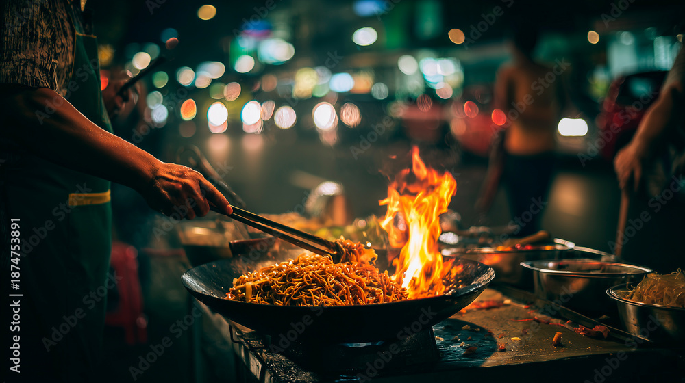 Fototapeta premium Street vendor cooking noodles in a wok over a fire at a Bangkok night market; Asian food concept