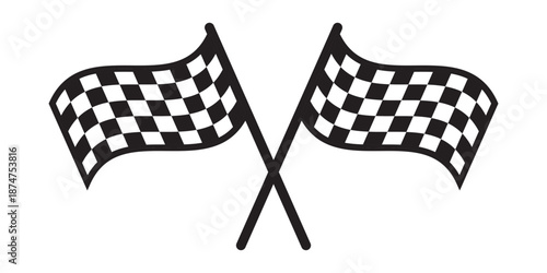 Two crossed wavy race flags with checkered black and white pattern. Start or finish symbol on sport car competitions. Rally, karting or motocross props. Vector graphic illustration
