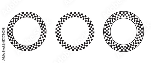 Set of round frames with black and white checkered print isolated on white background. Vignettes with race flag or chessboard pattern. Circular geometric frameworks. Vector graphic illistration