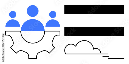 Blue human figures atop a gear, representing teamwork, alongside equality bars and a cloud for synergy. Ideal for teamwork, equality, innovation, automation, collaboration, strategy and progress