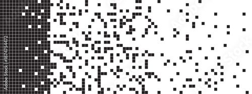 Black and white pixel background with fade effect. Pattern with square shapes in random arrangement. Mosaic print. Dissolving, disintegration or disappearing process. Vector graphic illustration