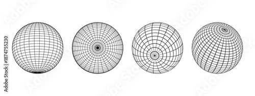 Set of globe wireframes in different positions on white background. Orb models, spherical shapes, meshed balls. Earth sphere figures with grid of longitude and latitude. Vector graphic illustration