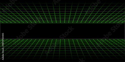 Top and bottom horizontal green neon grids in perspective. Laser tile floor and ceiling texture. Checkered plane pattern. Virtual reality wireframes. Futuristic geometric design. Vector ilustration