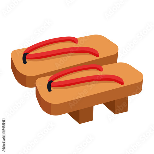 Traditional Japanese Geta Sandals Illustration, Wooden Geta Footwear with Red Thongs, Classic Japanese Culture Shoes Isolated on White Background, Asian Traditional Clothing Accessory