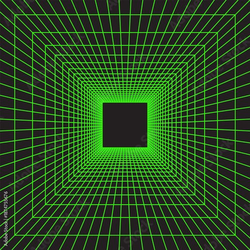 Cube shaped green neon wireframe in perspective on black background. Square room, portal or studio grid structure in futuristic style. Metaverse, techno or virtual reality space. Vector illustration